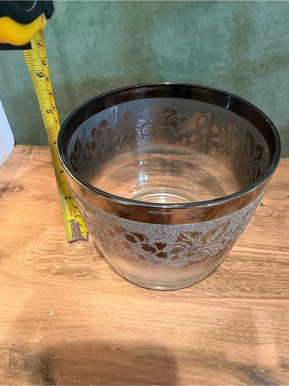 Etched Glass Ice Bucket with Silver Glitter Band